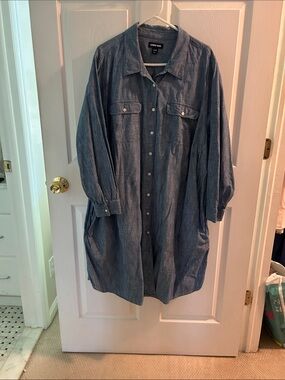 Lands' End Blue Chambray Button Front Shirt Dress